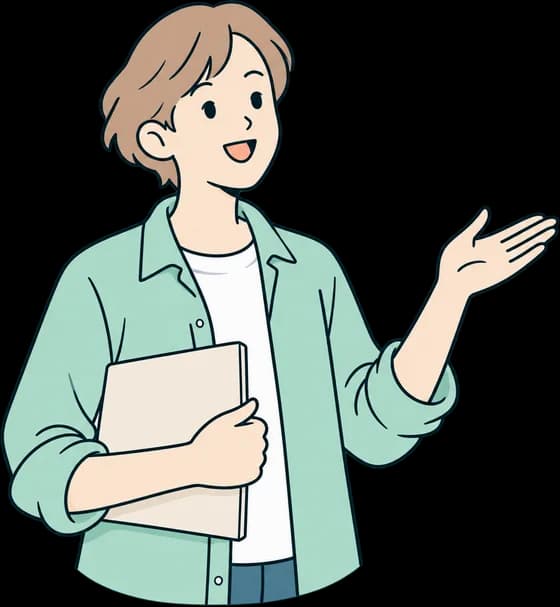 ノートを抱えて案内する人